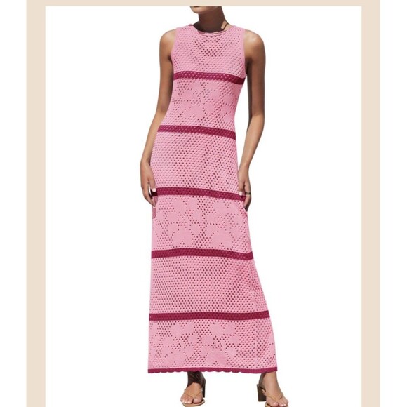 ZESICA CROCHET HOLLOW OUT SLEEVELESS STRIPED COVERUP SUNDRESS Large NEW! - Picture 1 of 6